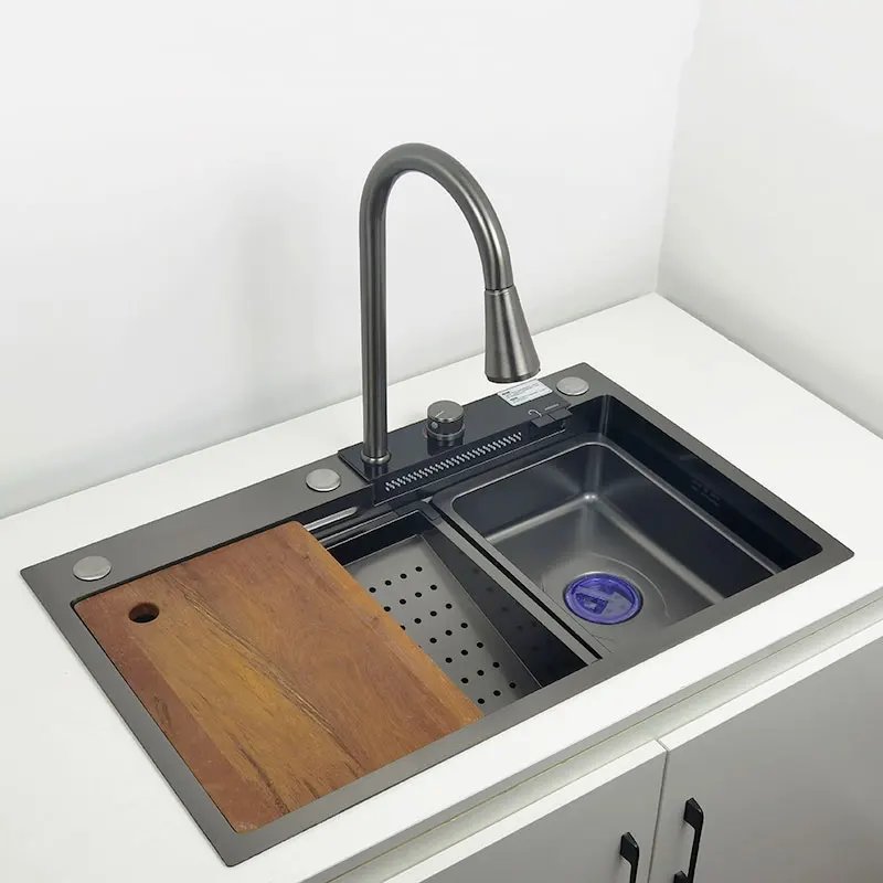 Waterfall Kitchen Sink 304 Stainless Steel Sink Large Single basin With Multifunction LED Waterfall Faucet Above Counter