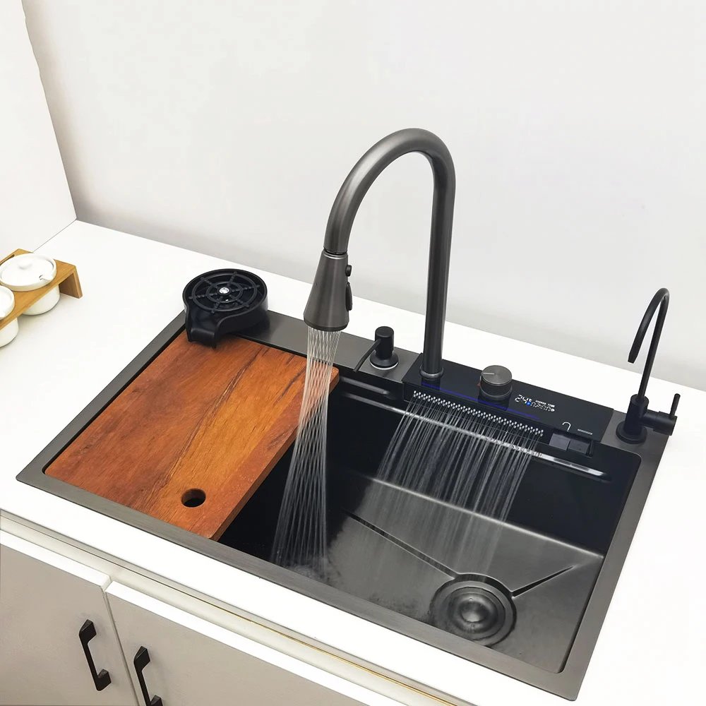 Waterfall Kitchen Sink 304 Stainless Steel Sink Large Single basin With Multifunction LED Waterfall Faucet Above Counter