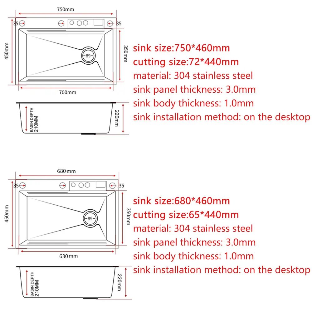 Waterfall Kitchen Sink 304 Stainless Steel Sink Large Single basin With Multifunction LED Waterfall Faucet Above Counter