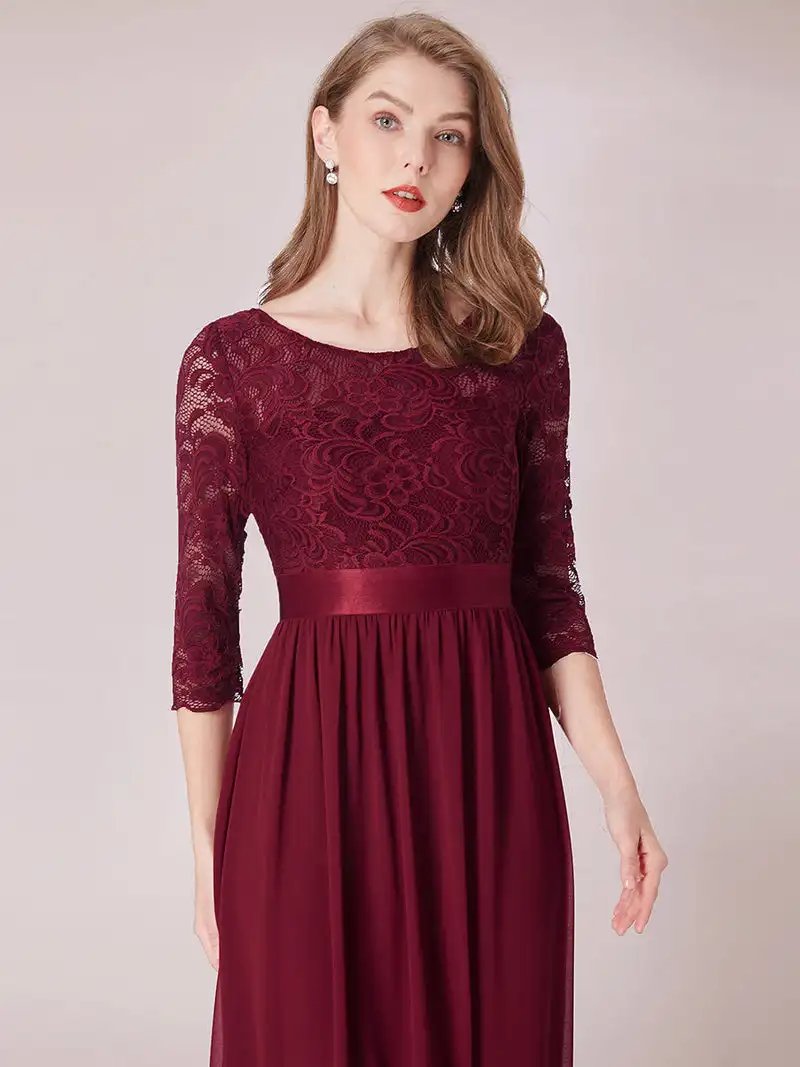 Elegant Evening Dresses O-Neck Backless long sleeve 2024 Ever Pretty of lace Chiffon Burgundy Bridesmaid Prom long Dresses