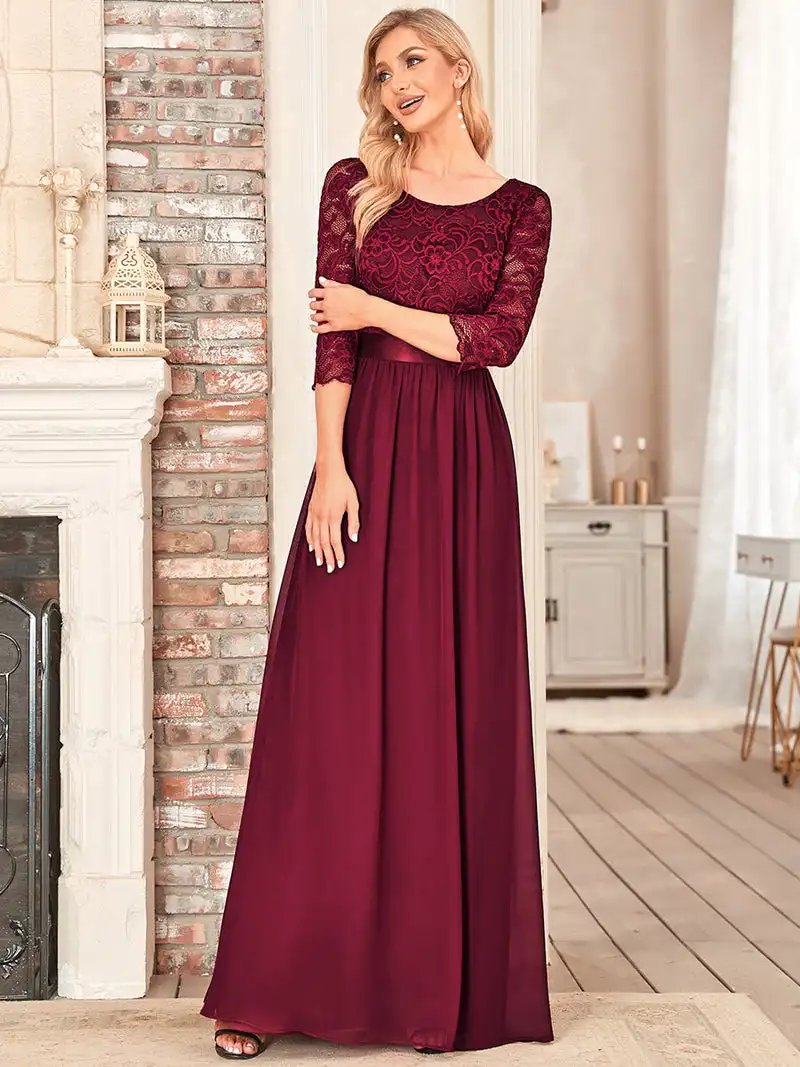 Elegant Evening Dresses O-Neck Backless long sleeve 2024 Ever Pretty of lace Chiffon Burgundy Bridesmaid Prom long Dresses