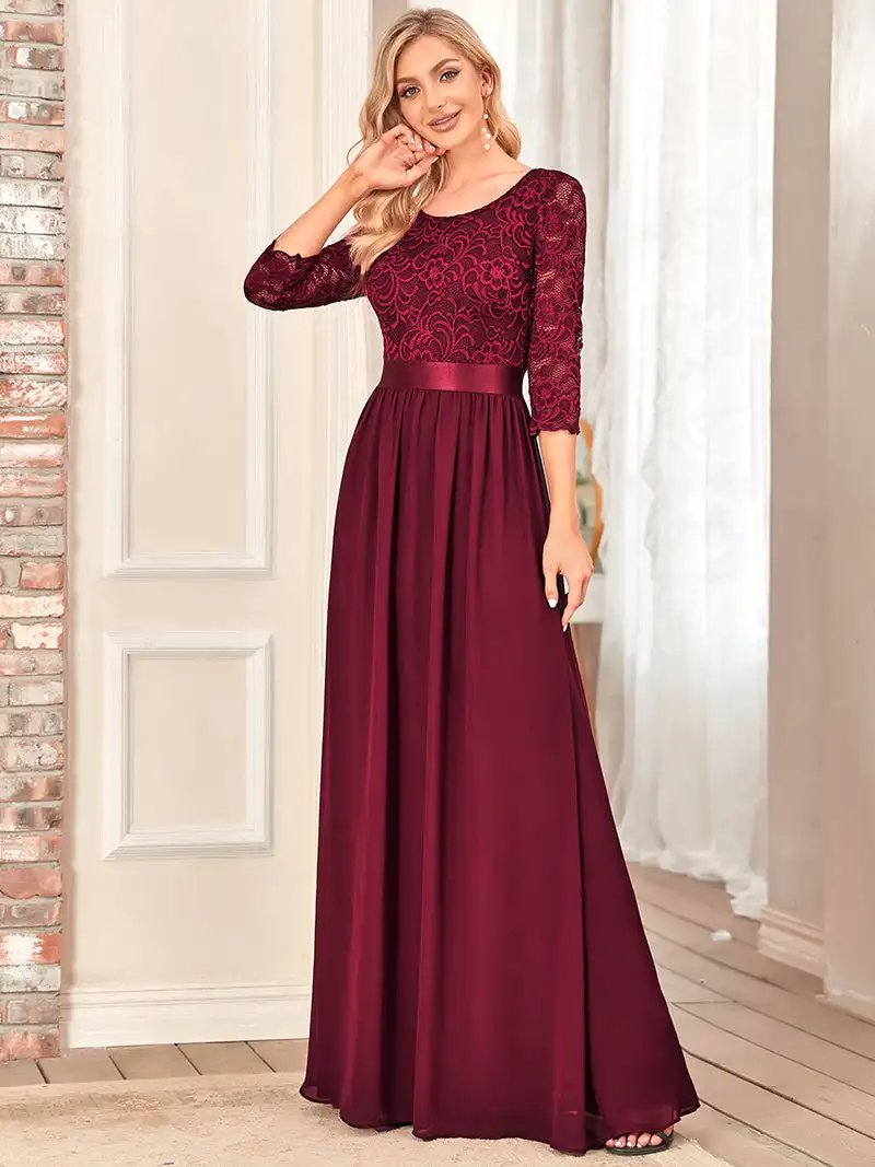 Elegant Evening Dresses O-Neck Backless long sleeve 2024 Ever Pretty of lace Chiffon Burgundy Bridesmaid Prom long Dresses