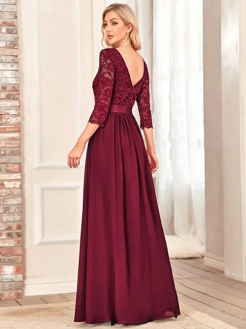 Elegant Evening Dresses O-Neck Backless long sleeve 2024 Ever Pretty of lace Chiffon Burgundy Bridesmaid Prom long Dresses