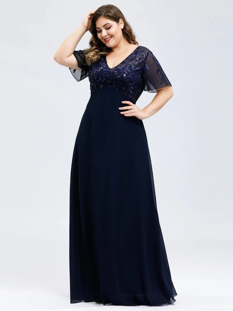 Plus Size Evening Dresses A-line Short Sleeve V-Neck Floral Lace Sequin Print 2024 Ever Pretty of Chiffon Elegant Prom Gown