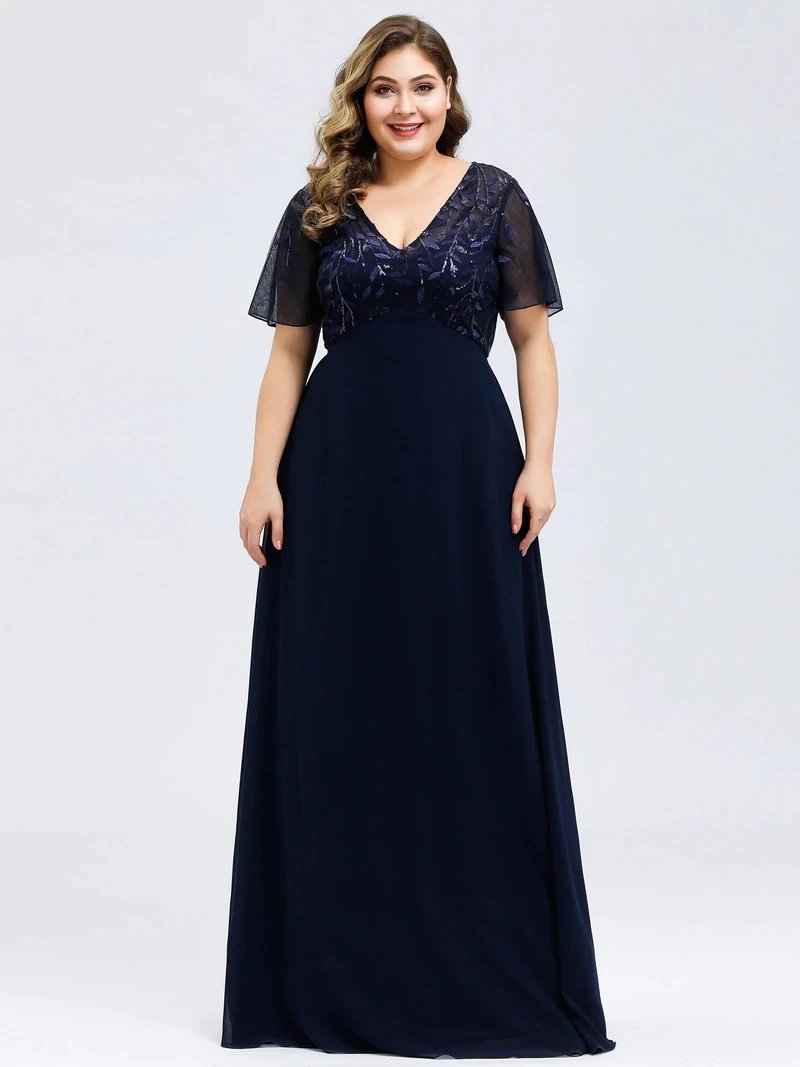 Plus Size Evening Dresses A-line Short Sleeve V-Neck Floral Lace Sequin Print 2024 Ever Pretty of Chiffon Elegant Prom Gown