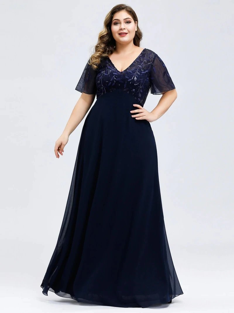 Plus Size Evening Dresses A-line Short Sleeve V-Neck Floral Lace Sequin Print 2024 Ever Pretty of Chiffon Elegant Prom Gown