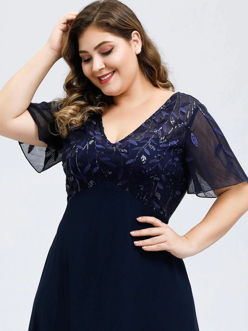 Plus Size Evening Dresses A-line Short Sleeve V-Neck Floral Lace Sequin Print 2024 Ever Pretty of Chiffon Elegant Prom Gown