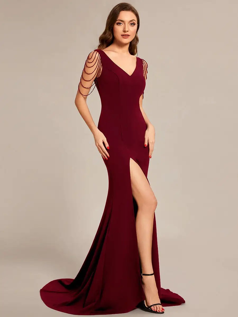 Elegant Evening Dresses Maxi Long Deep V Neck Sleeveless Beaded Beadwork 2024 Ever Pretty of Burgundy Shiny Bridesmaid Dress