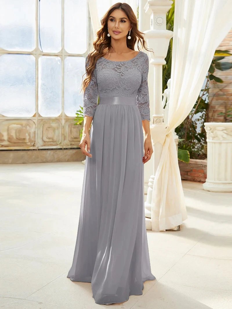 Elegant Evening Dresses Long Full Sleeve A-LINE Crew Neck Floor-Length 2024 Ever Pretty of Lace Simple Bridesmaid Women Dress