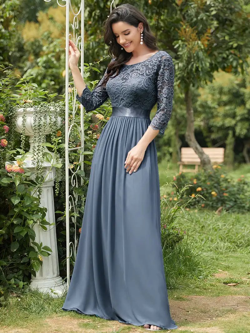 Elegant Evening Dresses Long Full Sleeve A-LINE Crew Neck Floor-Length 2024 Ever Pretty of Lace Simple Bridesmaid Women Dress