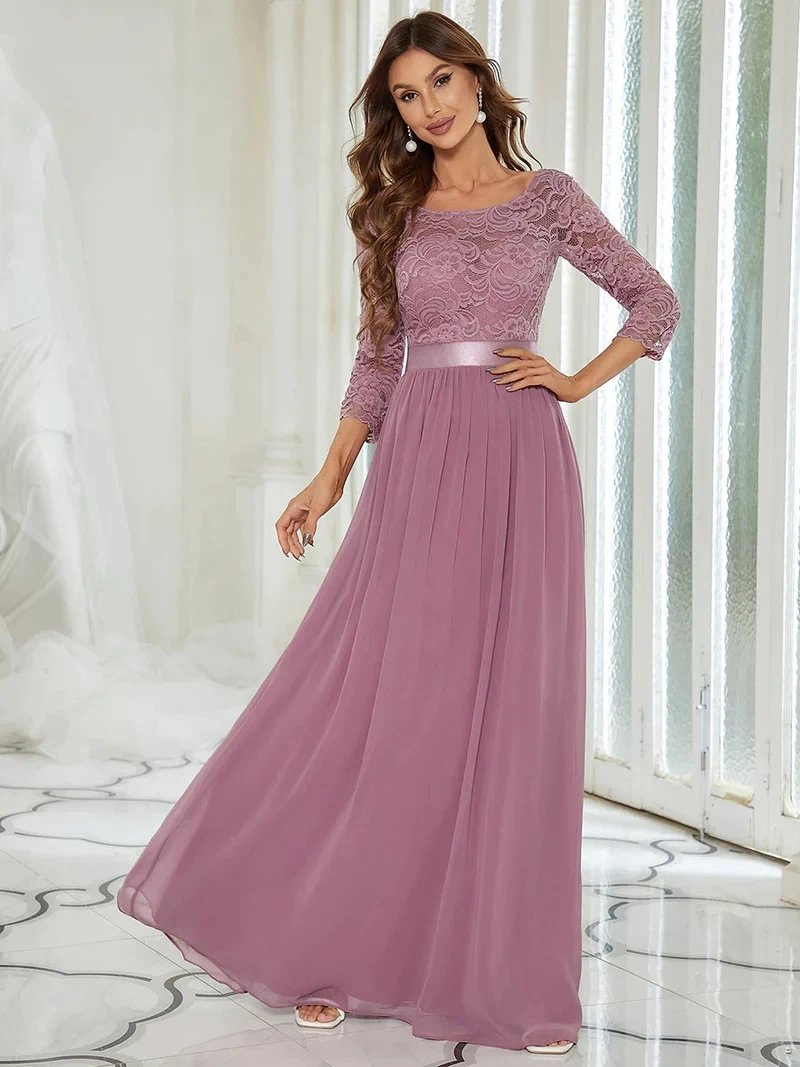 Elegant Evening Dresses Long Full Sleeve A-LINE Crew Neck Floor-Length 2024 Ever Pretty of Lace Simple Bridesmaid Women Dress