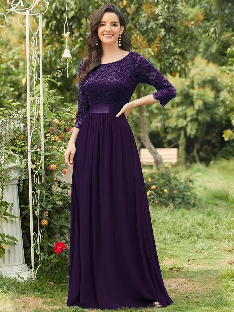 Elegant Evening Dresses Long Full Sleeve A-LINE Crew Neck Floor-Length 2024 Ever Pretty of Lace Simple Bridesmaid Women Dress