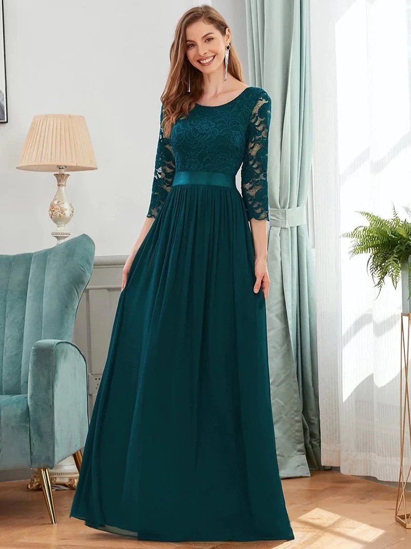 Elegant Evening Dresses Long Full Sleeve A-LINE Crew Neck Floor-Length 2024 Ever Pretty of Lace Simple Bridesmaid Women Dress