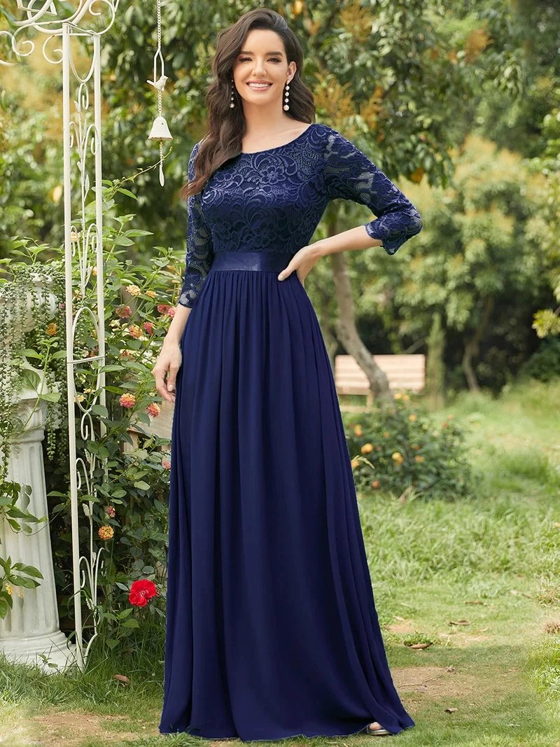 Elegant Evening Dresses Long Full Sleeve A-LINE Crew Neck Floor-Length 2024 Ever Pretty of Lace Simple Bridesmaid Women Dress