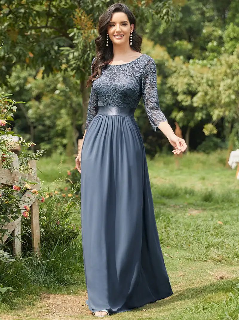 Elegant Evening Dresses Long Full Sleeve A-LINE Crew Neck Floor-Length 2024 Ever Pretty of Lace Simple Bridesmaid Women Dress