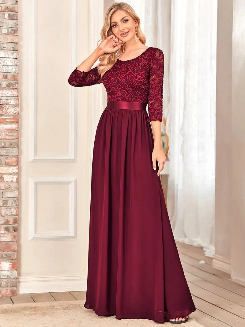 Elegant Evening Dresses Long Full Sleeve A-LINE Crew Neck Floor-Length 2024 Ever Pretty of Lace Simple Bridesmaid Women Dress