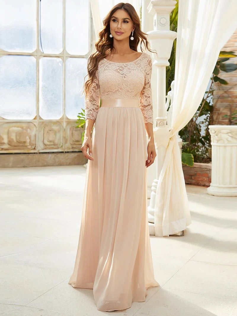 Elegant Evening Dresses Long Full Sleeve A-LINE Crew Neck Floor-Length 2024 Ever Pretty of Lace Simple Bridesmaid Women Dress