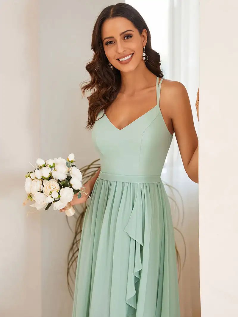 Elegant Evening Dress Spaghetti Straps Slit With Ruffle Detail Ever Pretty 2024 of Chiffon A-Line Mint Green Bridesmaid Dress