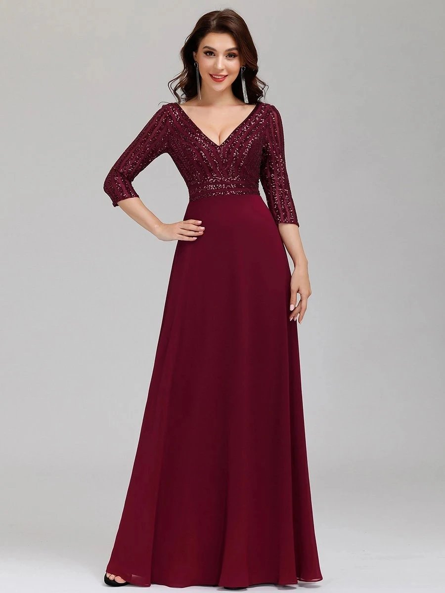 Elegant Evening Dresses Long V Neck A-Line Floor-Length Gown 2024 Ever Pretty of Contrast Sequin Chiffon Simple Prom Women Dress