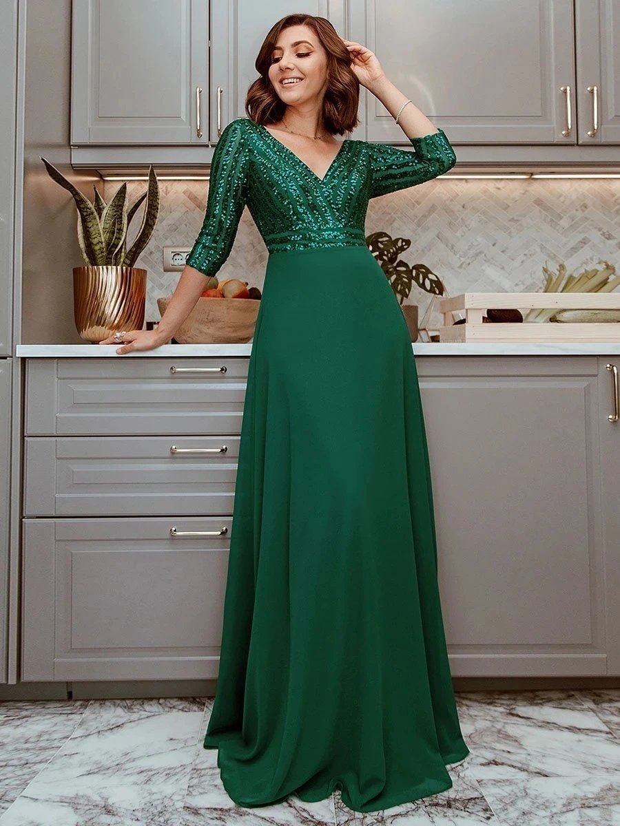 Elegant Evening Dresses Long V Neck A-Line Floor-Length Gown 2024 Ever Pretty of Contrast Sequin Chiffon Simple Prom Women Dress