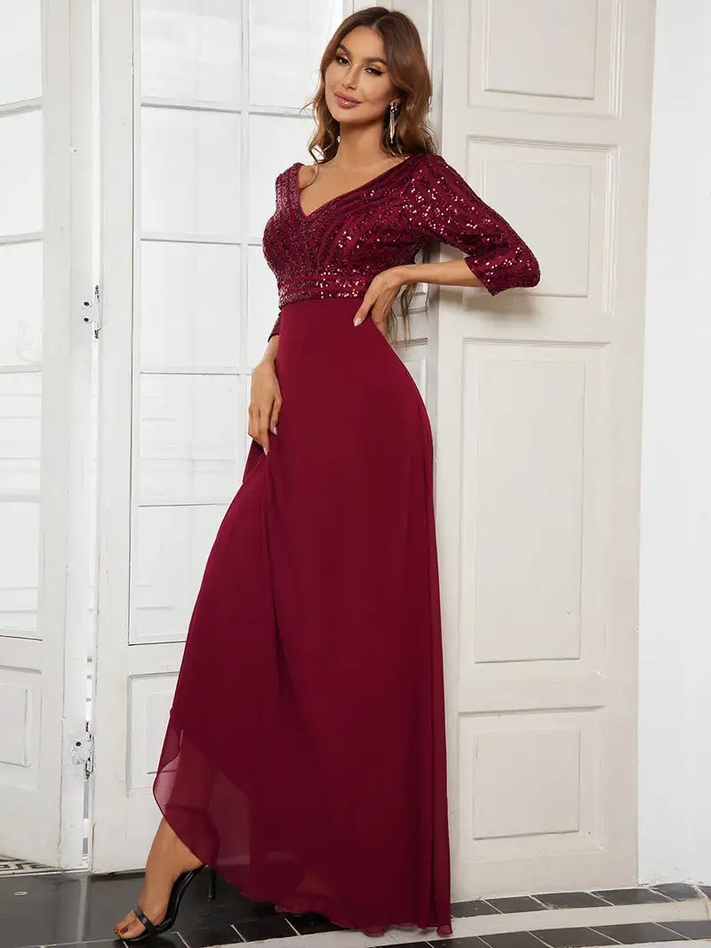 Elegant Evening Dresses Long V Neck A-Line Floor-Length Gown 2024 Ever Pretty of Contrast Sequin Chiffon Simple Prom Women Dress