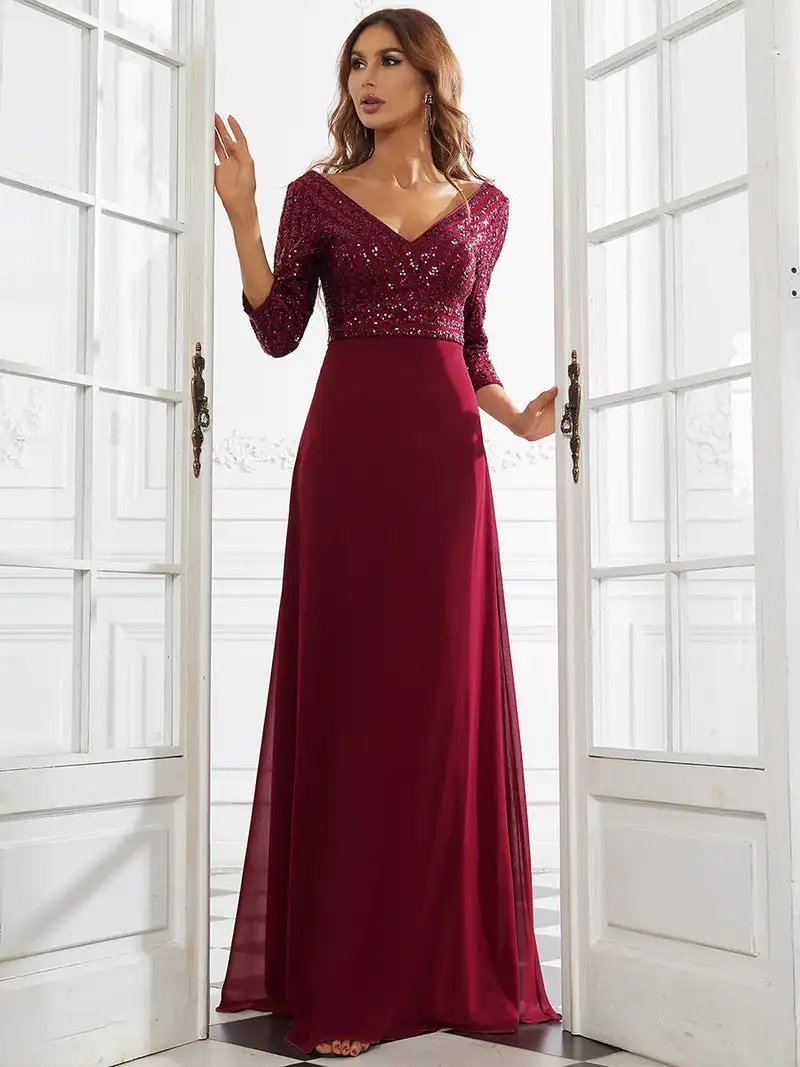 Elegant Evening Dresses Long V Neck A-Line Floor-Length Gown 2024 Ever Pretty of Contrast Sequin Chiffon Simple Prom Women Dress