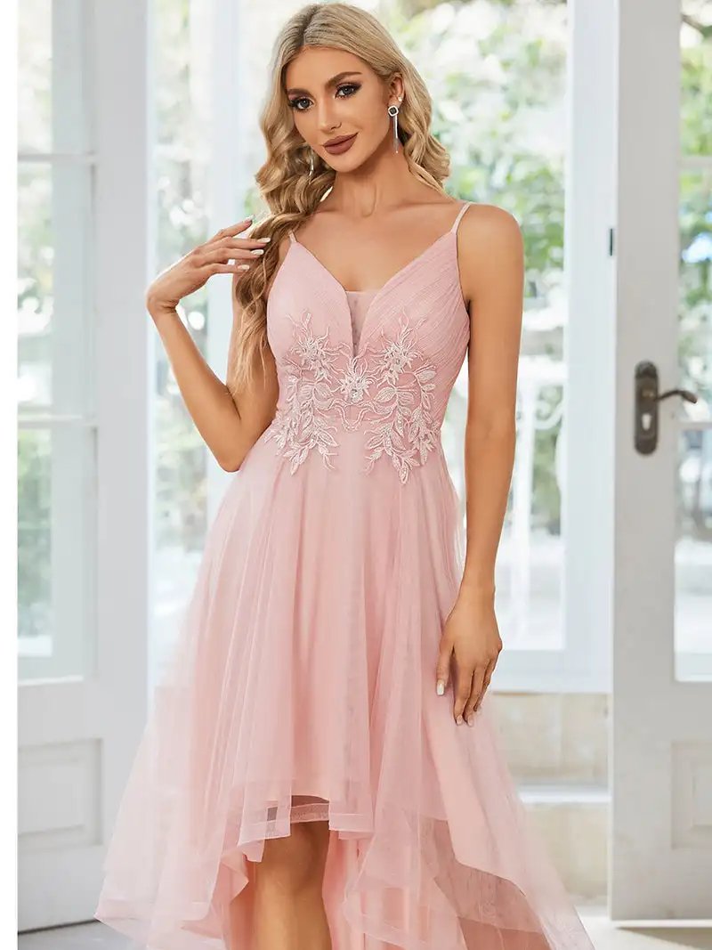 Elegant Evening Dresses High Low Mesh Applique Spaghetti Strap Knee-Length 2024 Ever pretty of Gauze Orchid A-line Prom Dresses