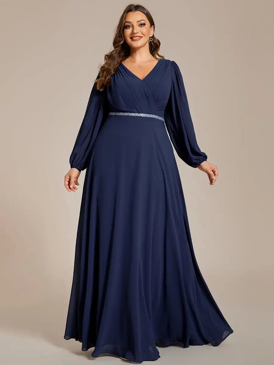 Plus size Evening Dresses Waisted V-neck long sleeve Sequins Floor-Length 2024 Ever pretty of Chiffon Navy Blue Bridesmaid dress