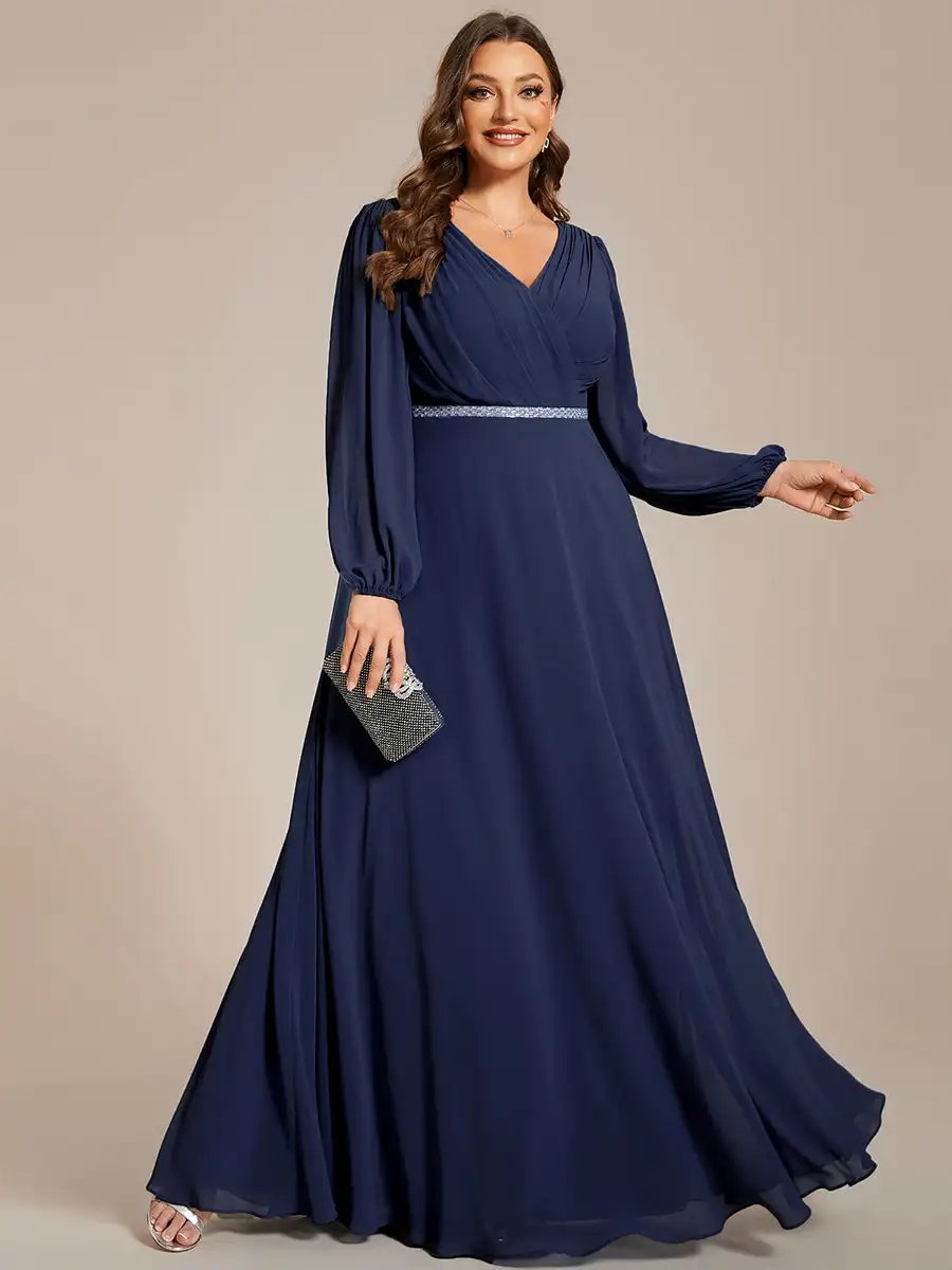 Plus size Evening Dresses Waisted V-neck long sleeve Sequins Floor-Length 2024 Ever pretty of Chiffon Navy Blue Bridesmaid dress