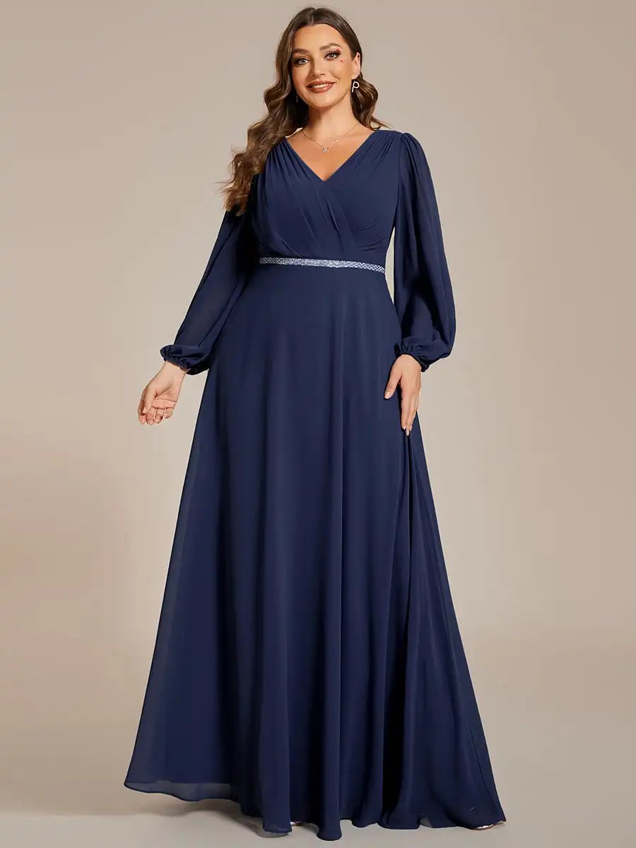 Plus size Evening Dresses Waisted V-neck long sleeve Sequins Floor-Length 2024 Ever pretty of Chiffon Navy Blue Bridesmaid dress