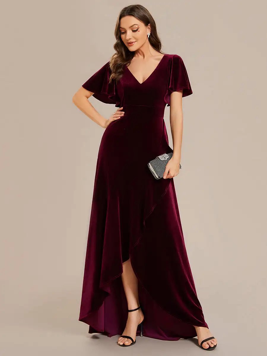 Elegant Evening Dress Lotus Leaf Ruffles High-low V Neck with Short Sleeves 2024 Ever pretty of Taffeat Burgundy Bridesmaid Dres