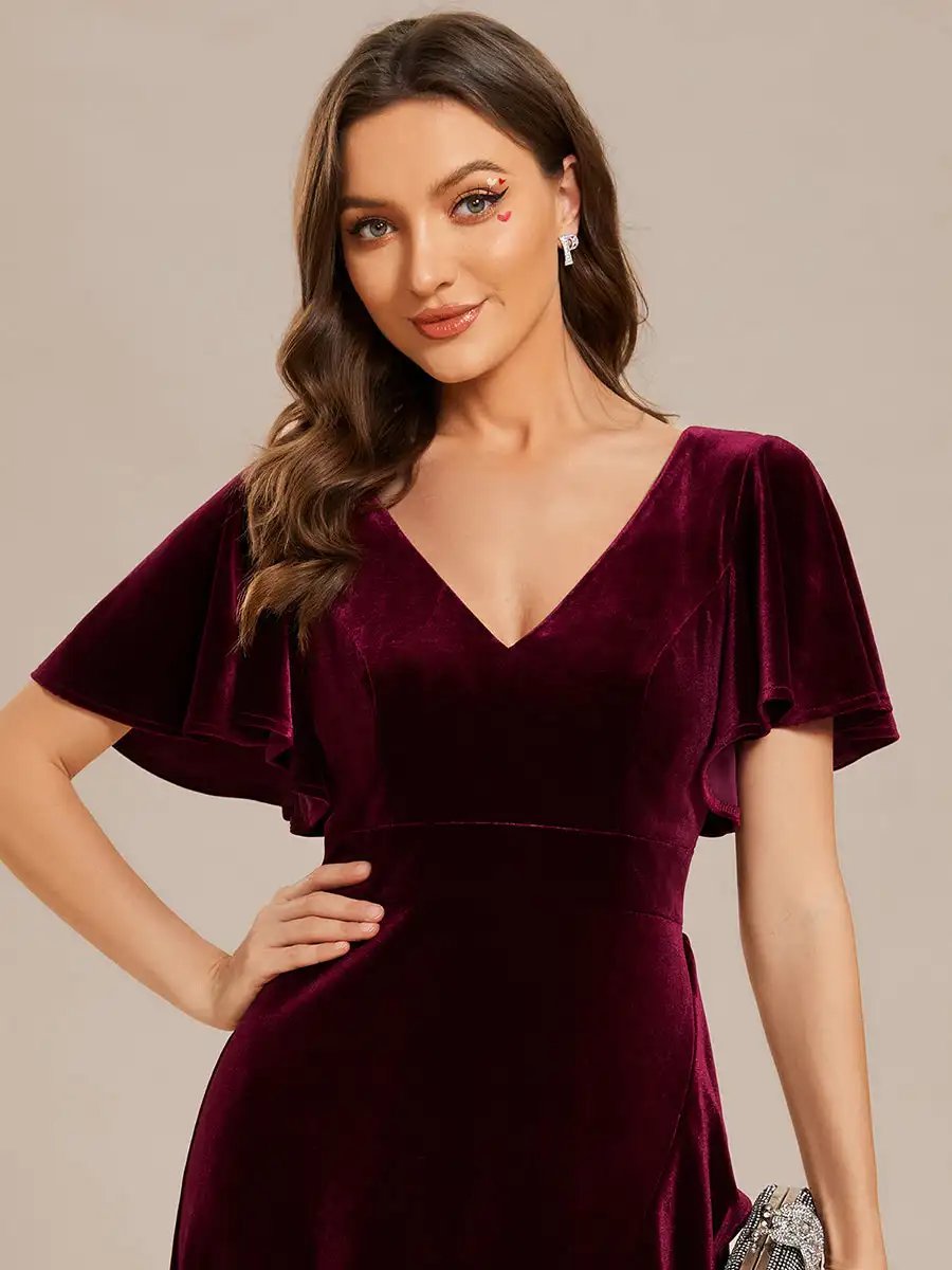 Elegant Evening Dress Lotus Leaf Ruffles High-low V Neck with Short Sleeves 2024 Ever pretty of Taffeat Burgundy Bridesmaid Dres