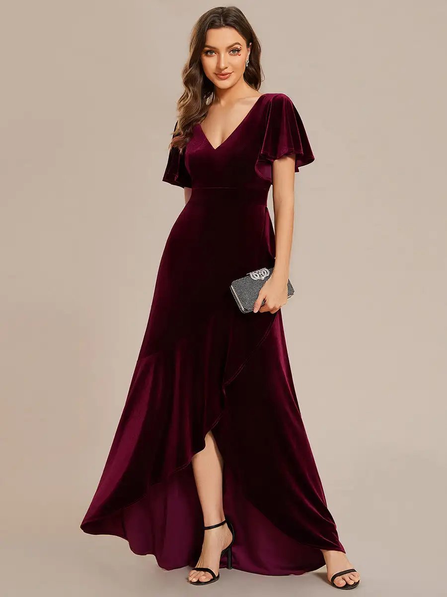 Elegant Evening Dress Lotus Leaf Ruffles High-low V Neck with Short Sleeves 2024 Ever pretty of Taffeat Burgundy Bridesmaid Dres