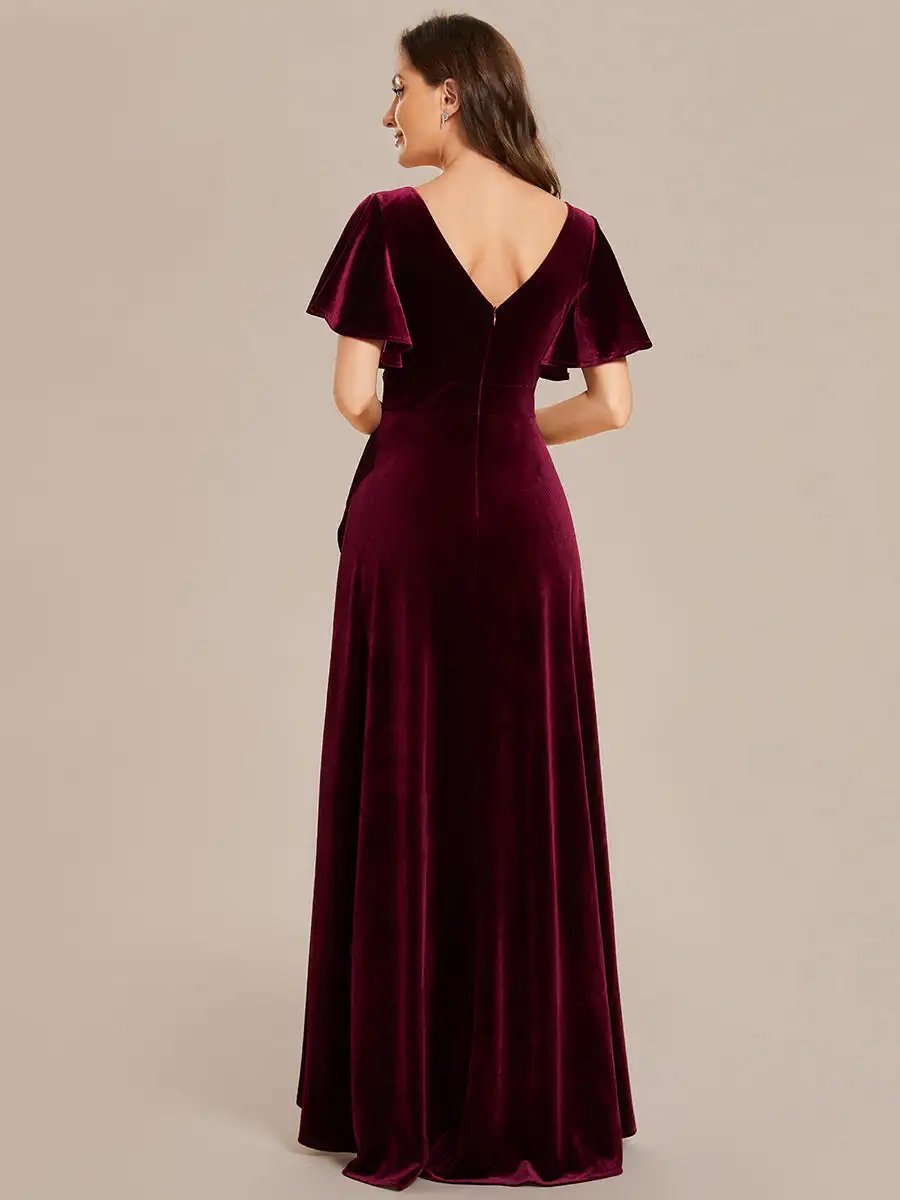 Elegant Evening Dress Lotus Leaf Ruffles High-low V Neck with Short Sleeves 2024 Ever pretty of Taffeat Burgundy Bridesmaid Dres