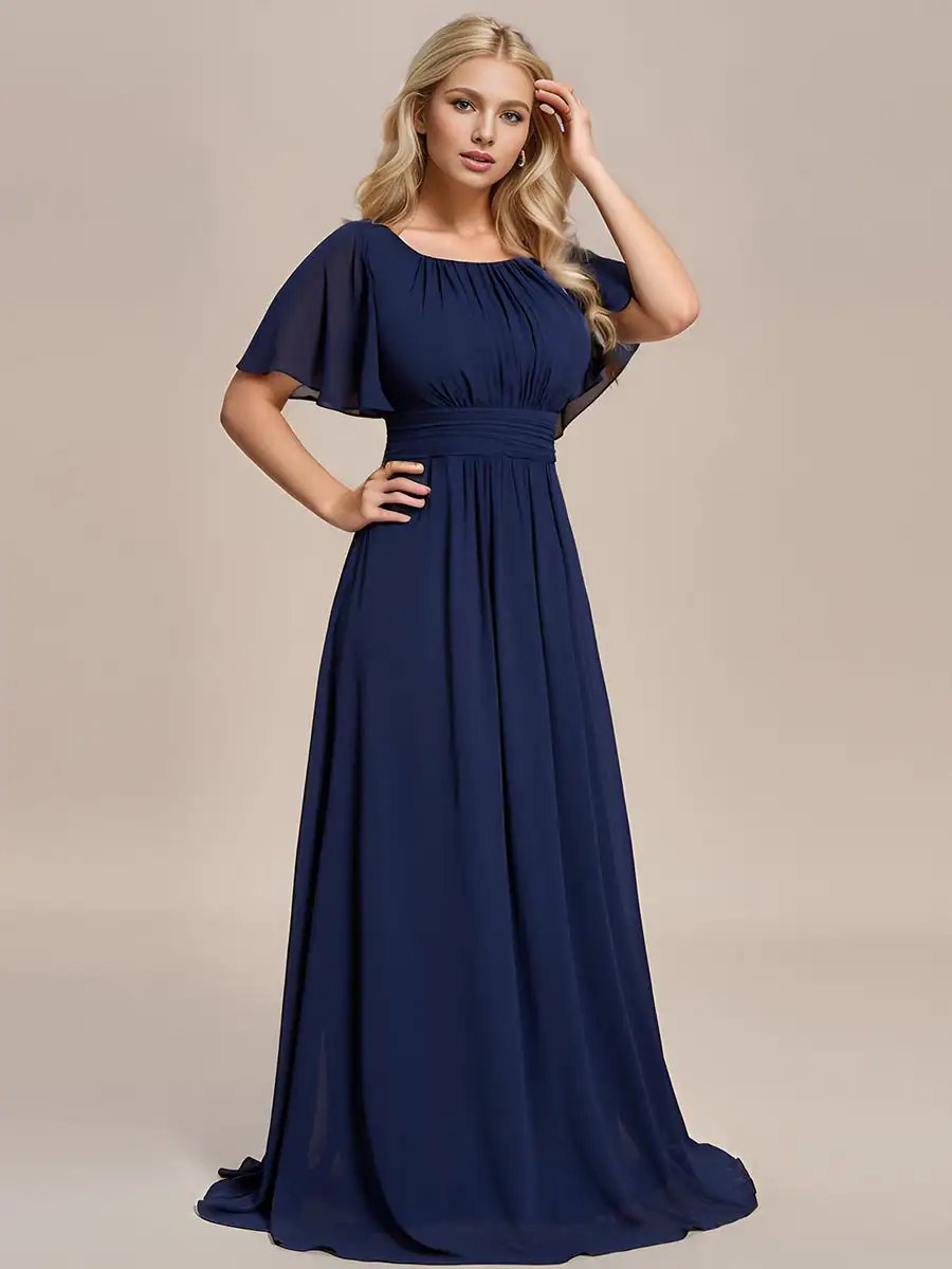 Elegant Evening Dresses Simple Pleated A-Line Round Neckline 2024 Ever Pretty of Chiffon Navy Blue Bridesmaid Dress