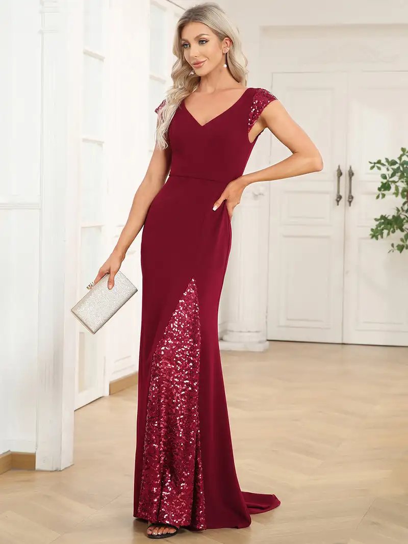 Elegant Evening Dresses Sleeveless Deep V Neck Floor Length 2024 Ever Pretty of Fishtail Shiny Black Bridesmaid Dresses