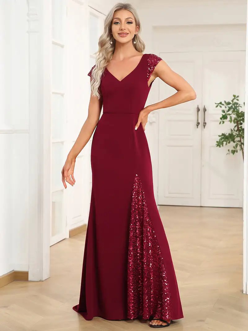 Elegant Evening Dresses Sleeveless Deep V Neck Floor Length 2024 Ever Pretty of Fishtail Shiny Black Bridesmaid Dresses