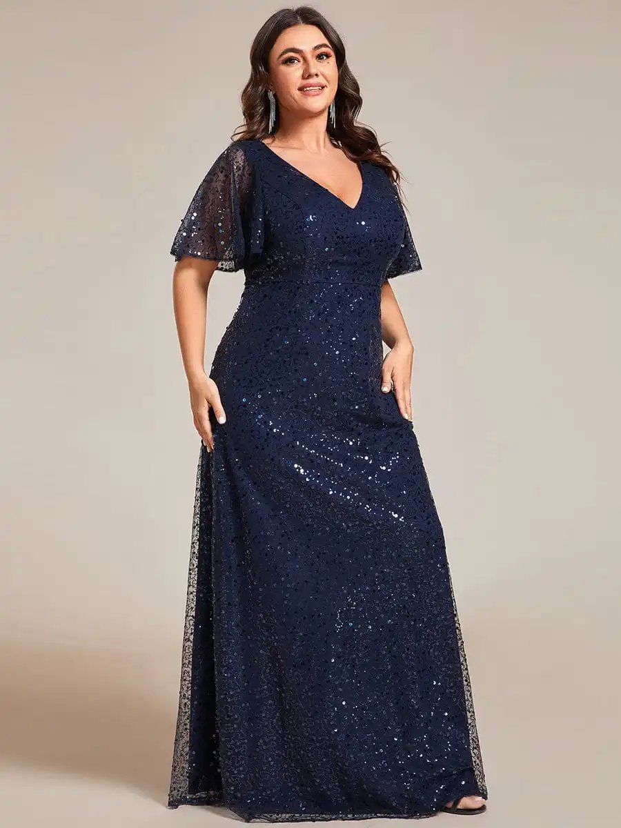 Plus Size Evening Dresses See-Through Short Sleeves Maxi Formal 2024 Ever Pretty of Navy Blue Sequin Bridesmaid dress