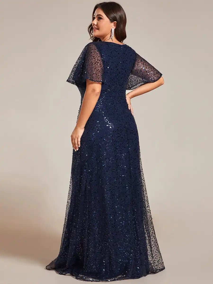 Plus Size Evening Dresses See-Through Short Sleeves Maxi Formal 2024 Ever Pretty of Navy Blue Sequin Bridesmaid dress