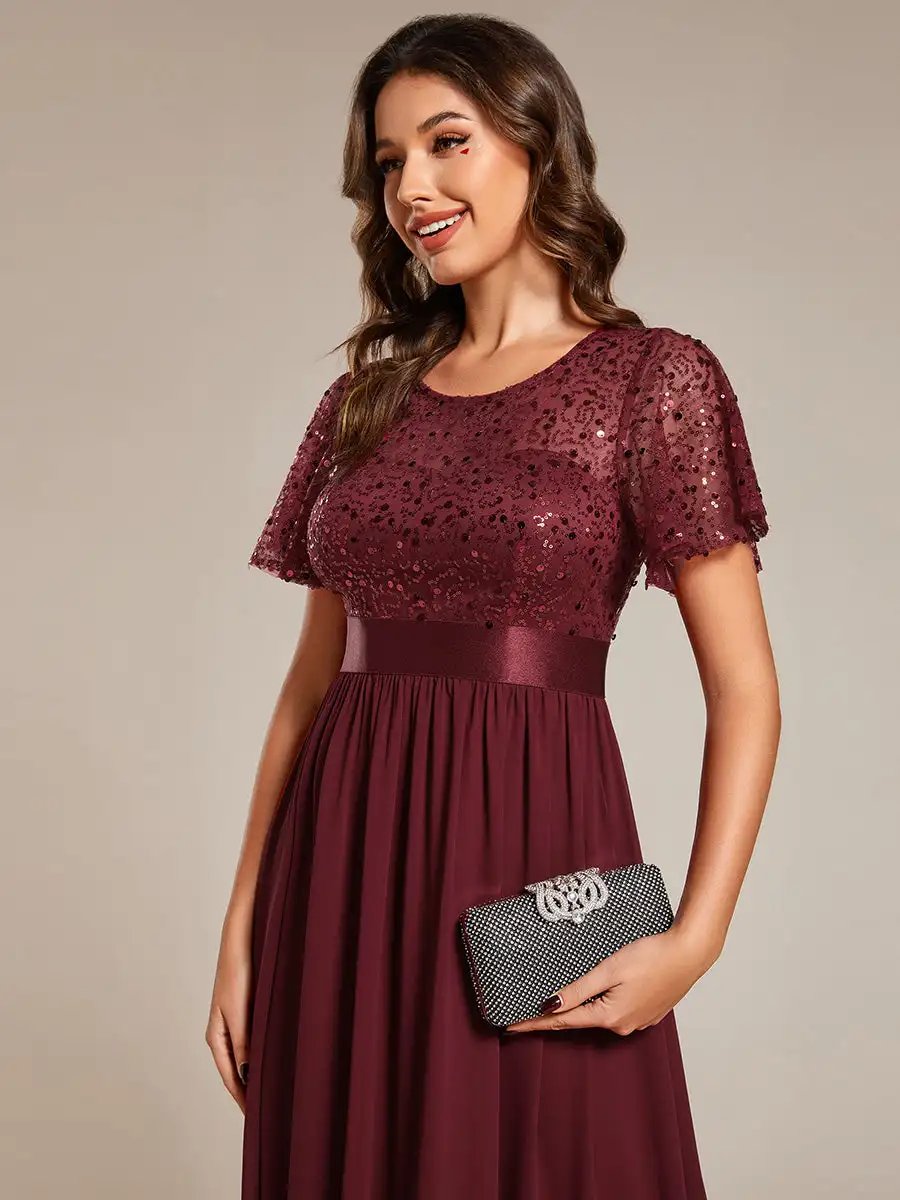 Elegant Evening Dresses Round-Neck Sequin High Waist Short-Sleeved Formal 2024 Ever Pretty of Burgundy Bridesmaid dress