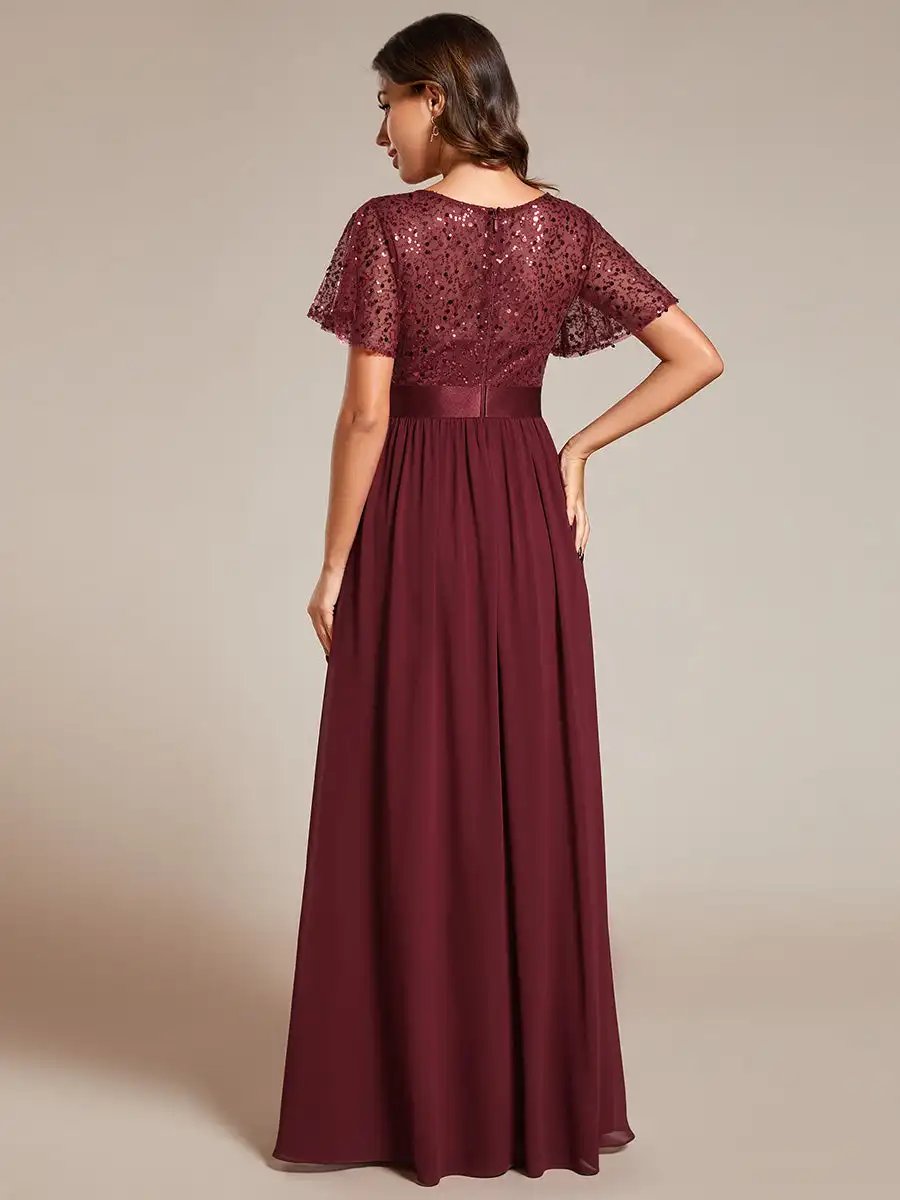 Elegant Evening Dresses Round-Neck Sequin High Waist Short-Sleeved Formal 2024 Ever Pretty of Burgundy Bridesmaid dress