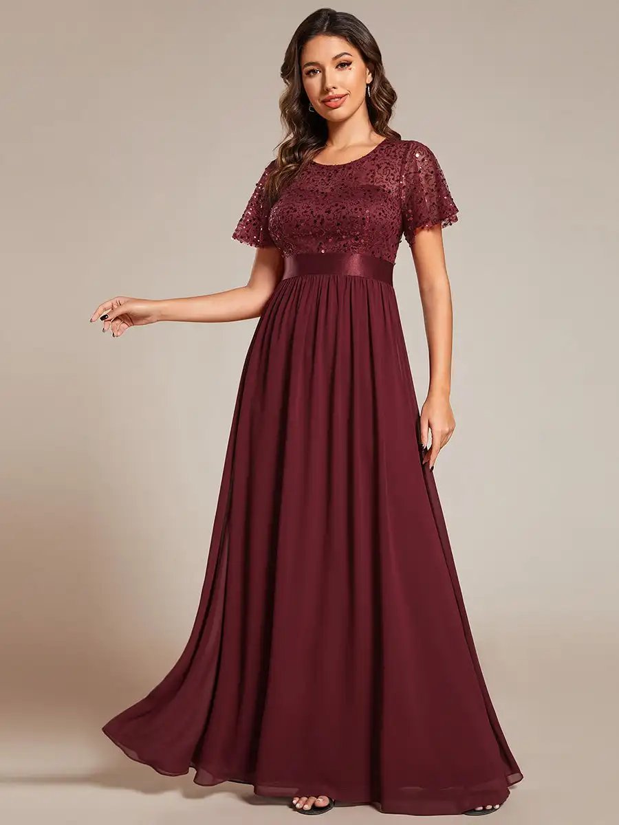 Elegant Evening Dresses Round-Neck Sequin High Waist Short-Sleeved Formal 2024 Ever Pretty of Burgundy Bridesmaid dress