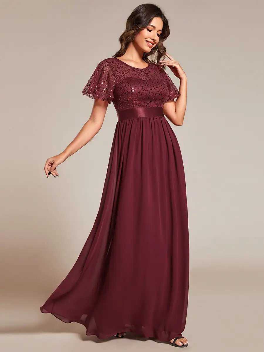 Elegant Evening Dresses Round-Neck Sequin High Waist Short-Sleeved Formal 2024 Ever Pretty of Burgundy Bridesmaid dress