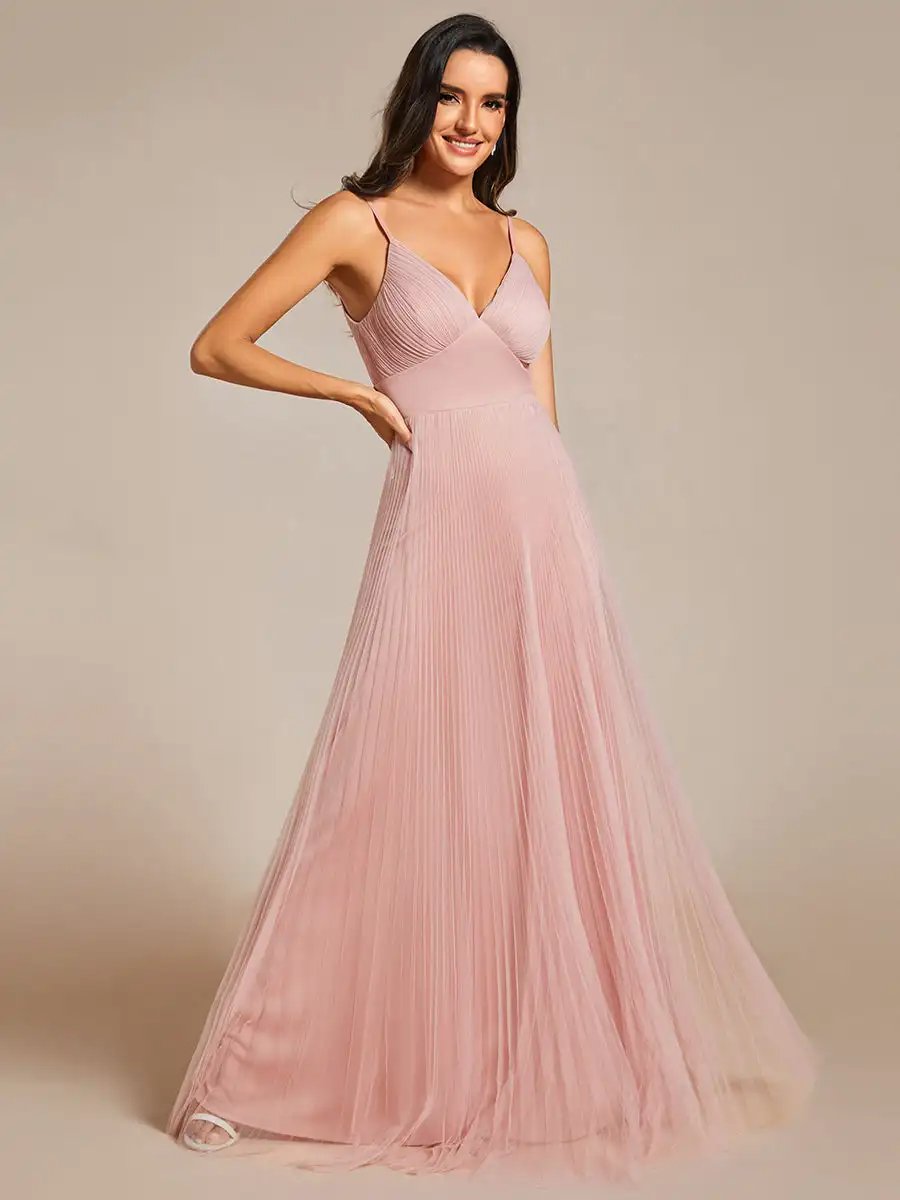 Elegant Evening Dresses Deep V Neck Spaghetti strap Flounce Sleeveless Mesh2024 Ever Pretty of Pink Bridesmaids Dresses