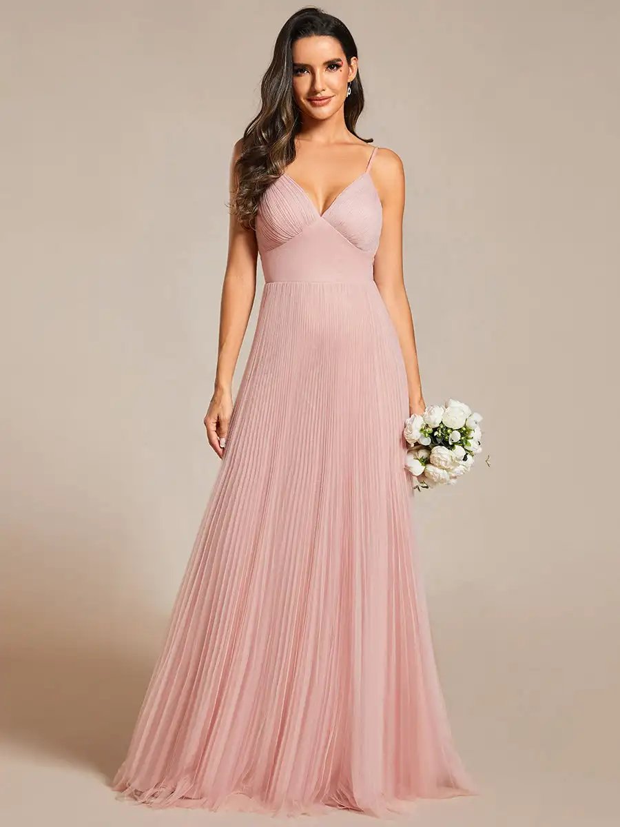 Elegant Evening Dresses Deep V Neck Spaghetti strap Flounce Sleeveless Mesh2024 Ever Pretty of Pink Bridesmaids Dresses