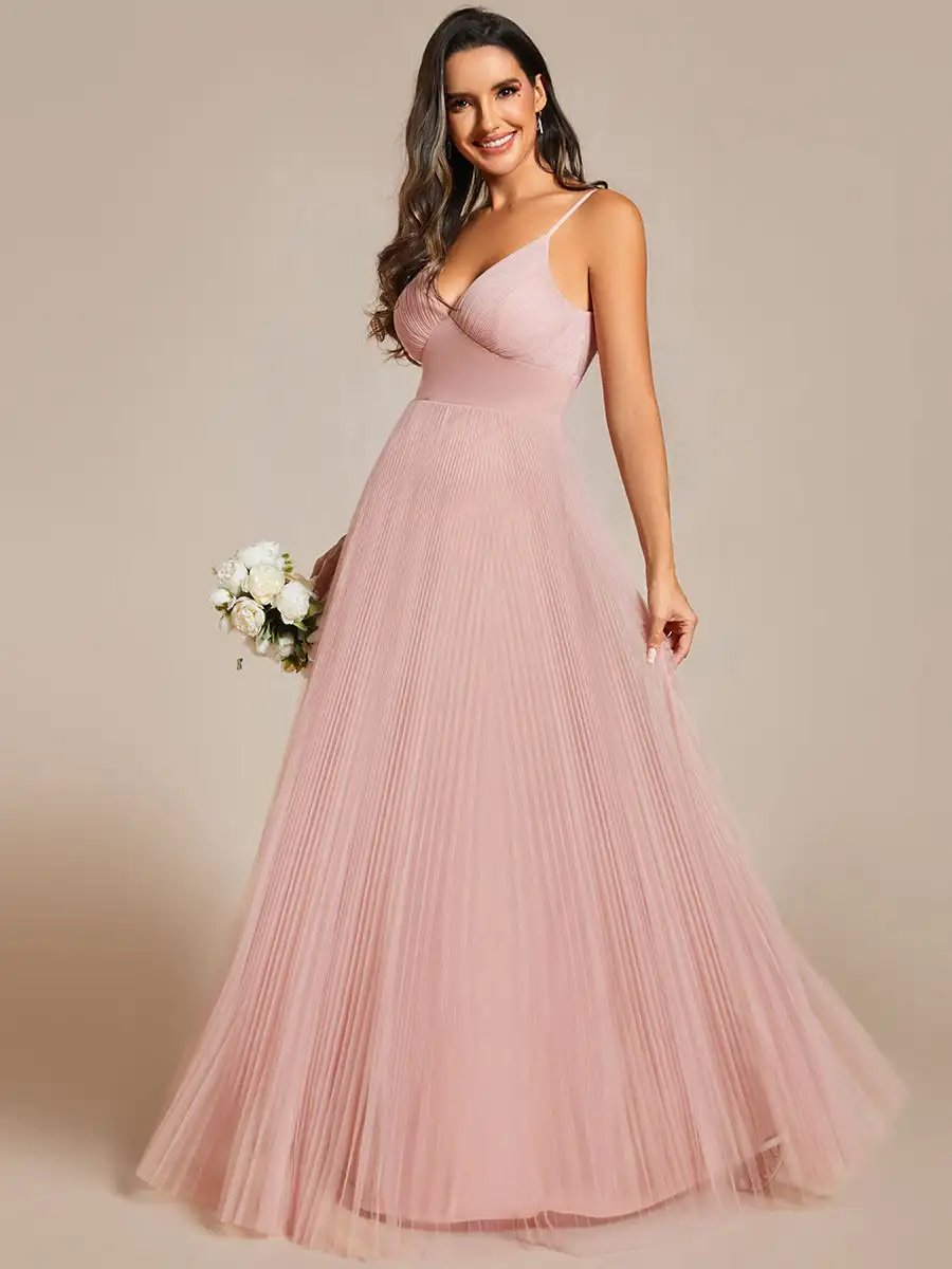 Elegant Evening Dresses Deep V Neck Spaghetti strap Flounce Sleeveless Mesh2024 Ever Pretty of Pink Bridesmaids Dresses