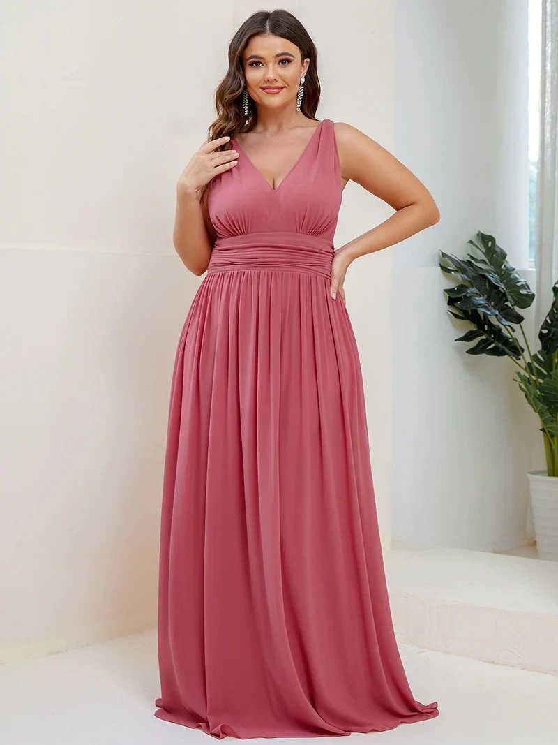 Plus Size Evening Dresses Long Deep V-Neck Sleeveless Floor-Length 2024 Ever Pretty of Taffeta Elegant Bridesmaid Women Dress