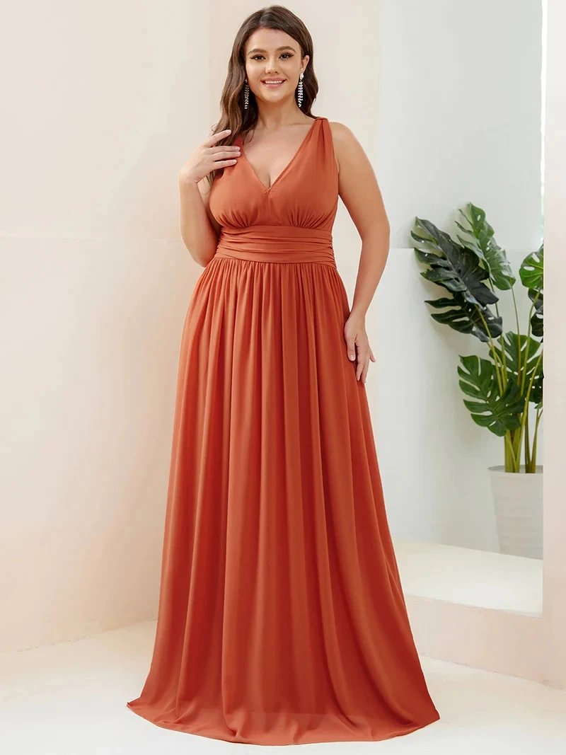 Plus Size Evening Dresses Long Deep V-Neck Sleeveless Floor-Length 2024 Ever Pretty of Taffeta Elegant Bridesmaid Women Dress