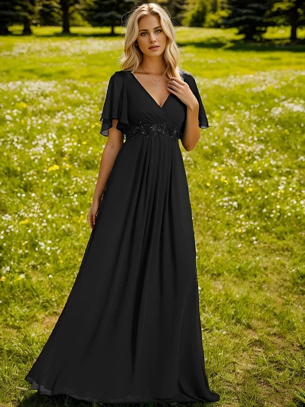 Elegant Evening Dress V Neck Appliques Pleated Floor-Length 2024 Ever Pretty of Lace applique Dark Green Bridesmaid Dress