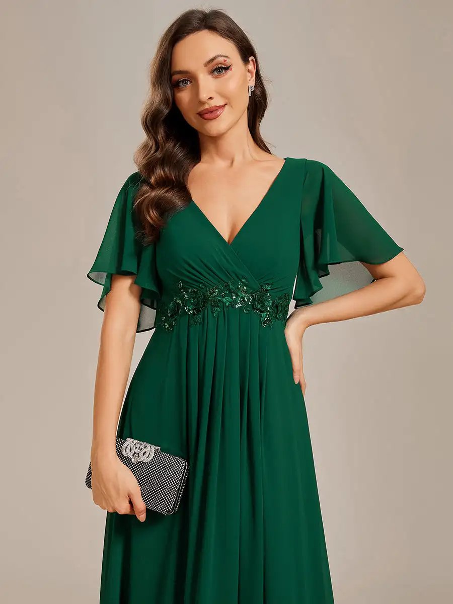 Elegant Evening Dress V Neck Appliques Pleated Floor-Length 2024 Ever Pretty of Lace applique Dark Green Bridesmaid Dress